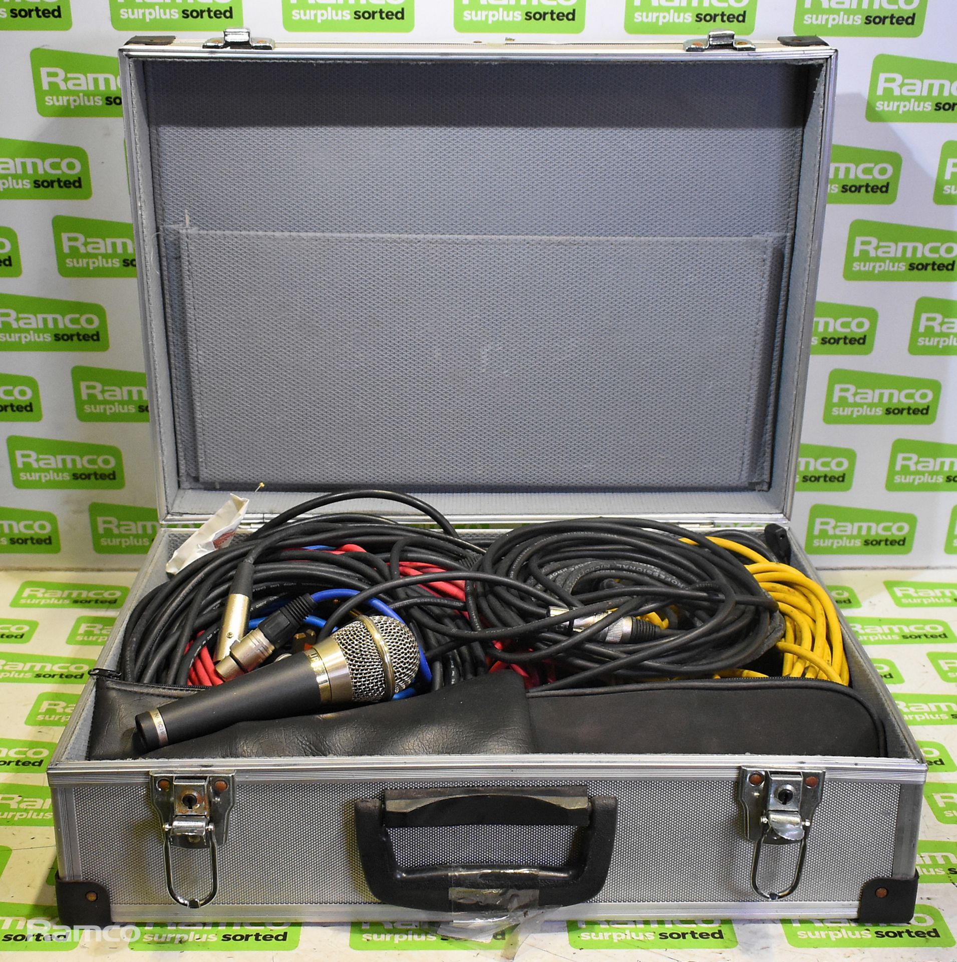 Philips MD600, Shure SM58 and Beyerdynamic TG-X80 microphones with cables in storage case