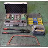 Hole bore cutting set cased, Bow saw, bolt cutter, Genny 4 radiodetection, cased mix screws
