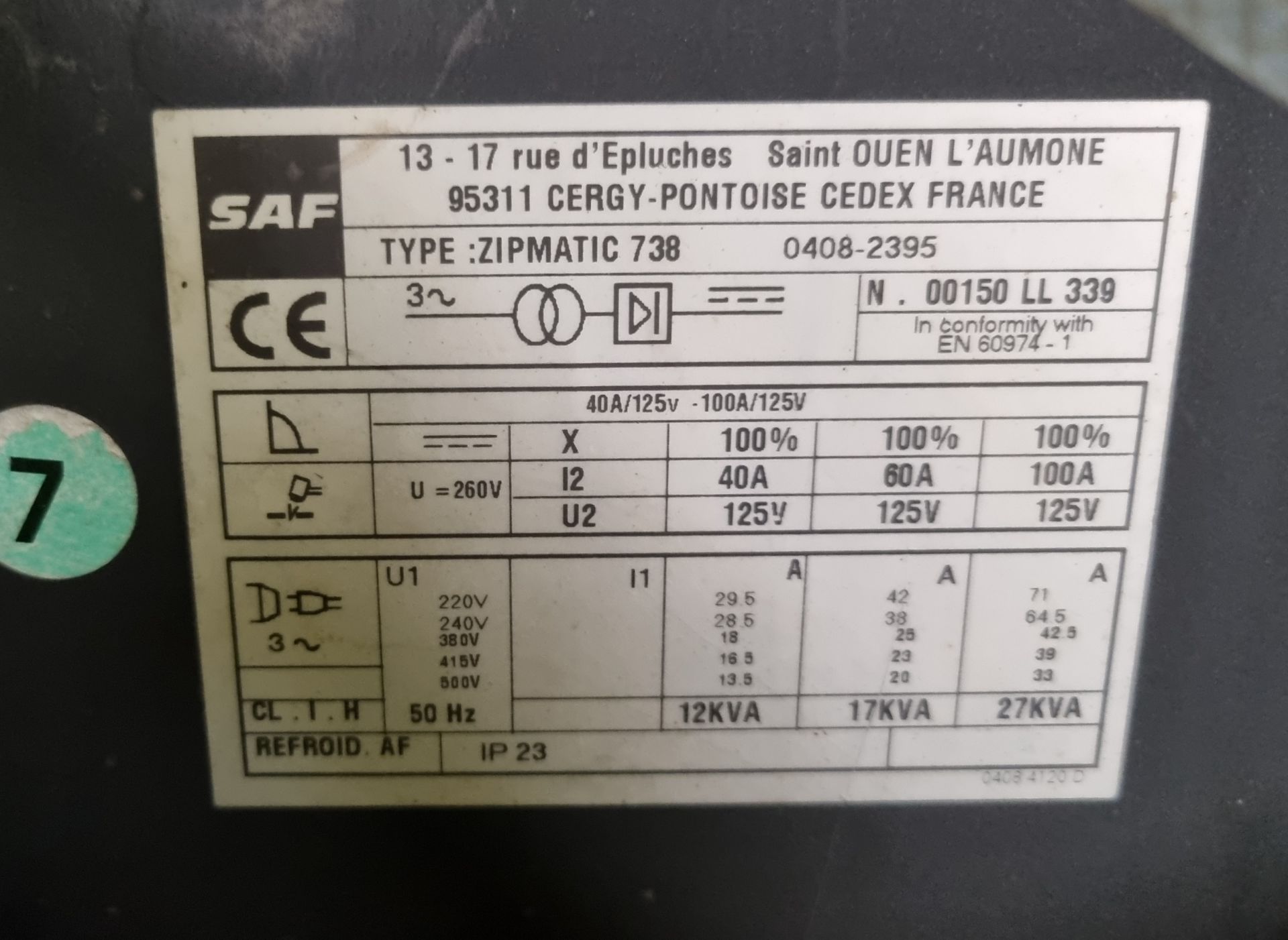 SAF Zipmatic 738 gas and plasma cutter, comes with gun & accessories - H 520 x W 820 x H 1060mm - Image 7 of 8