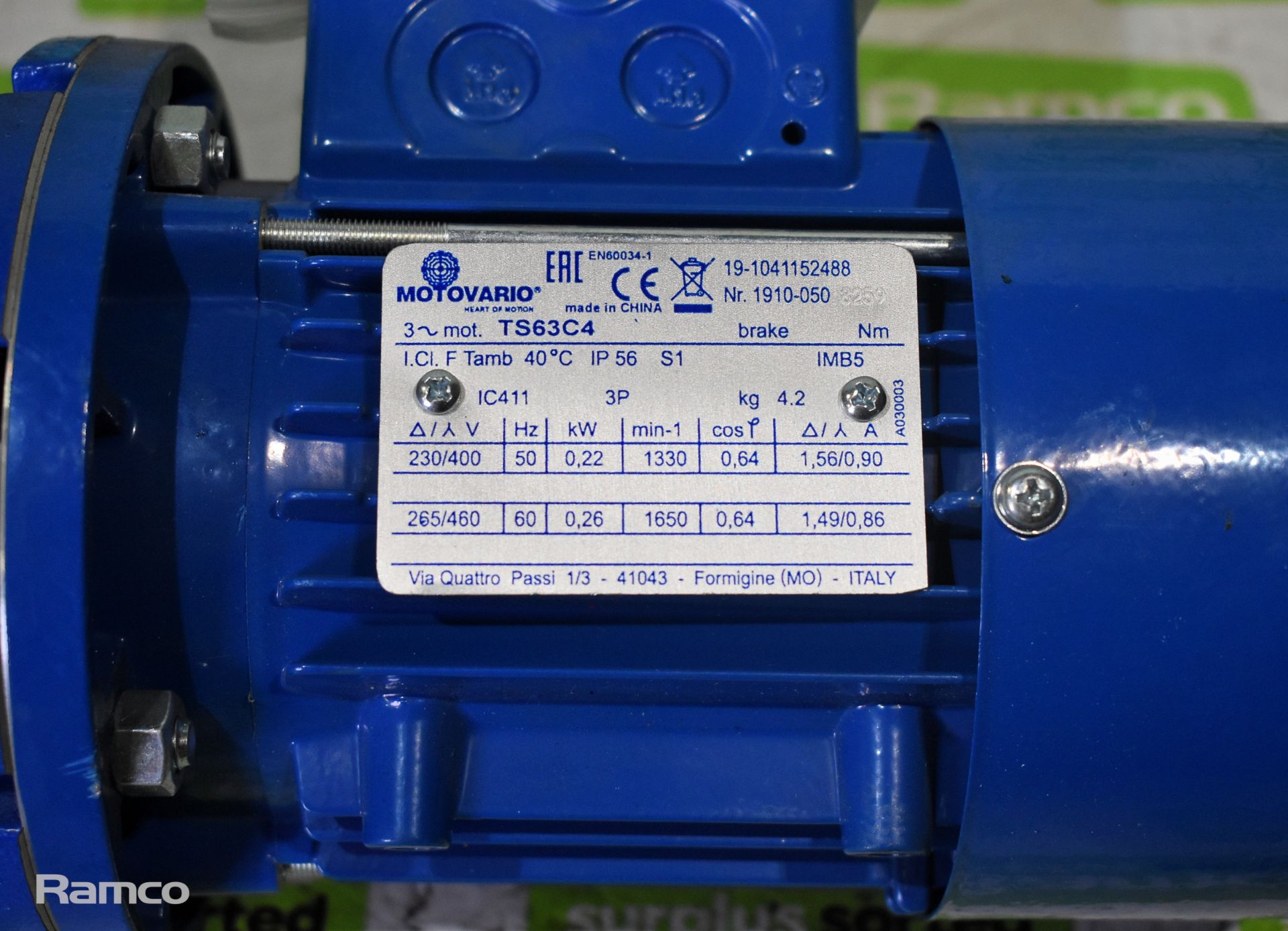 Motovario TS63C4 3 phase electric motor with Motovario NMRV 040 worm gearbox - Image 5 of 5