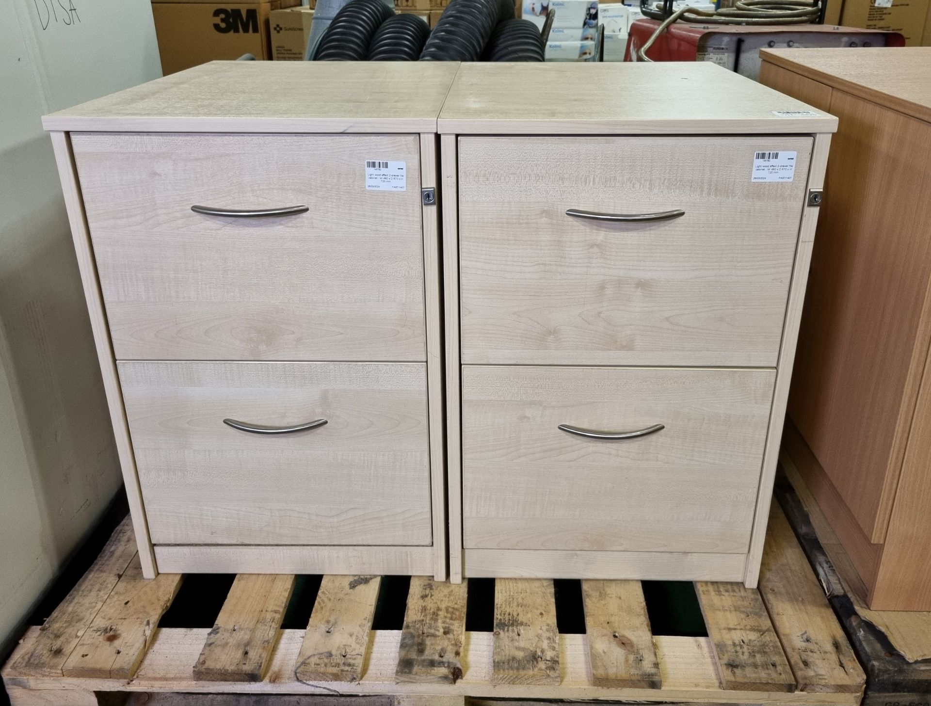 2x Light wood effect 2-drawer file cabinets - W 480 x D 670 x H 720mm