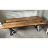 2x Real solid oak dining benches – industrial style with metal legs and 2x bespoke made cushions