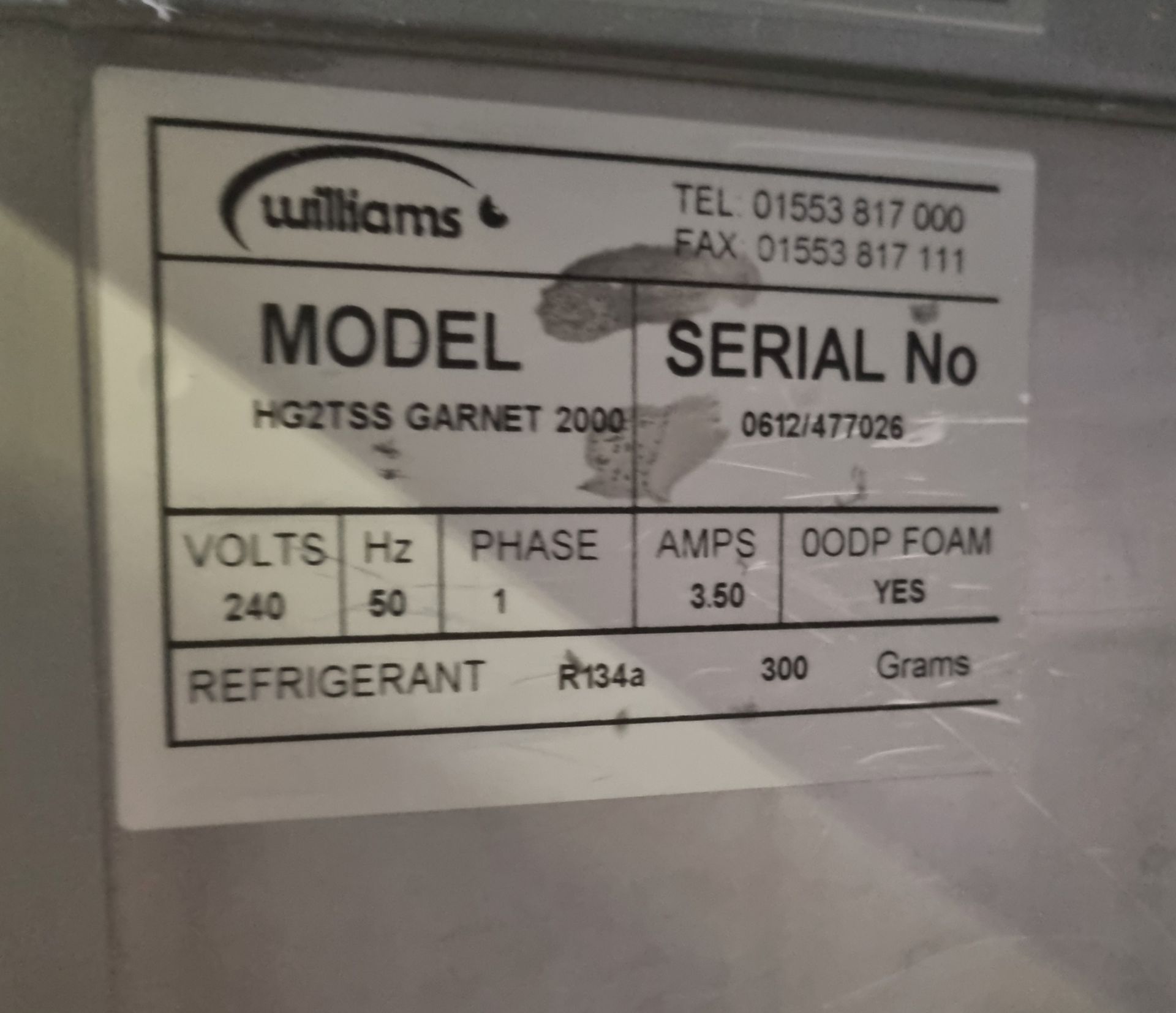 Williams HG2TSS Garent 2000 stainless steel double door upright fridge - W 1400 x D 830 x H 1970mm - Image 4 of 6