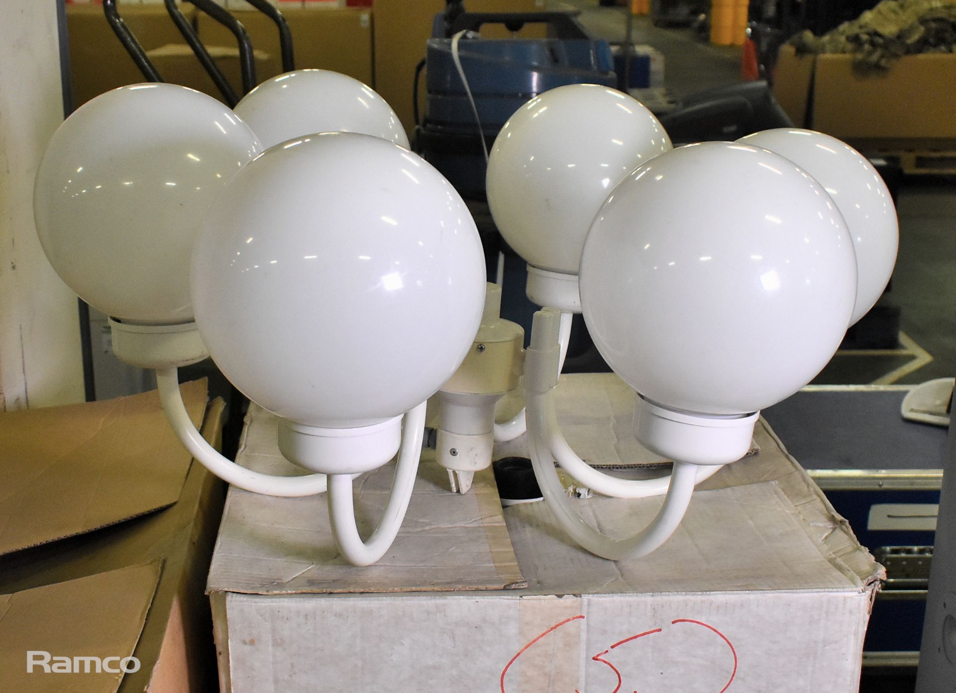 3x 6-arm white globe chandeliers, 150W large white globe chandelier, 2x 5-arm white globe chandelier - Image 10 of 11