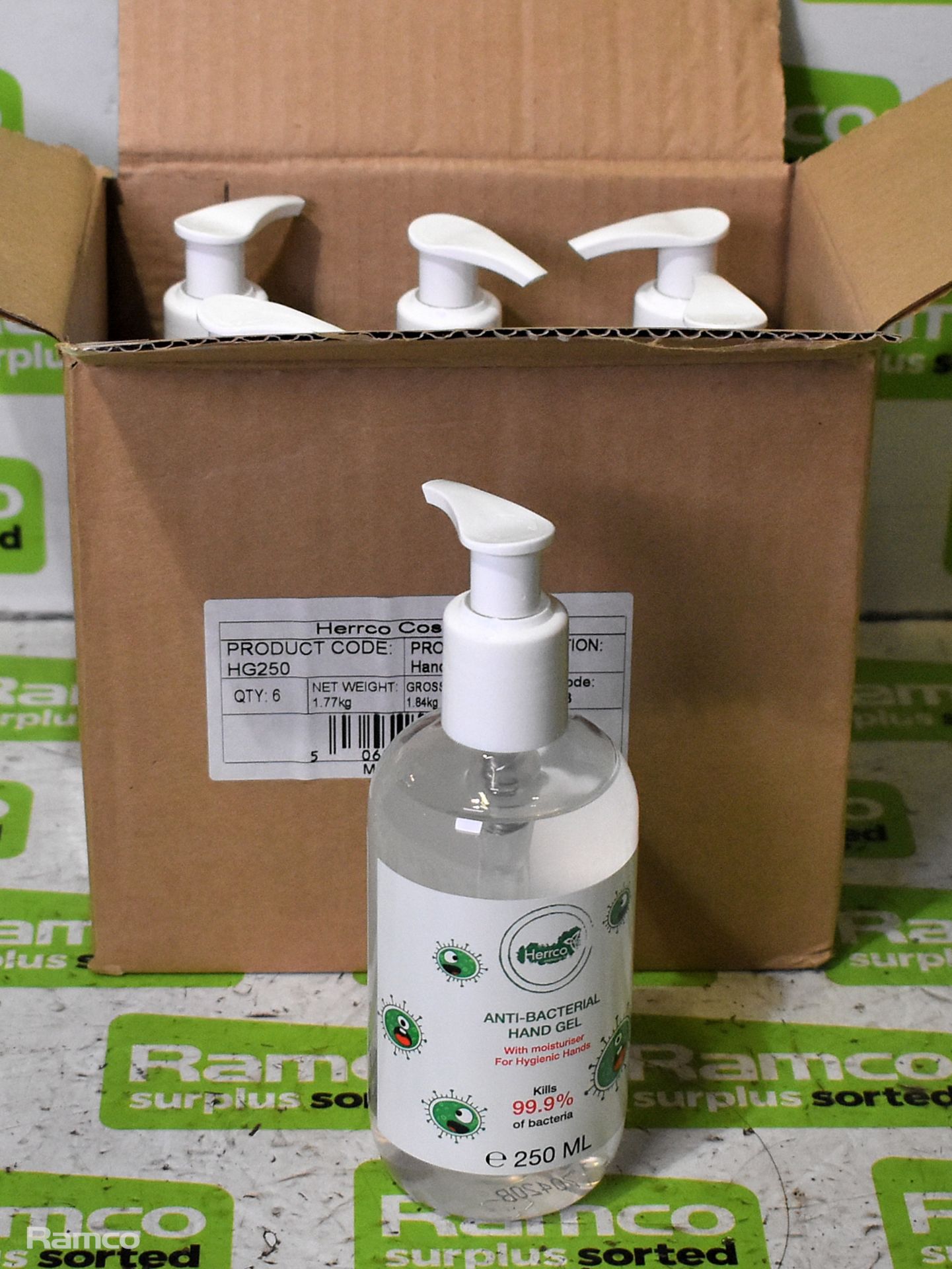 8x boxes of Herrco Cosmetics anti-bacterial hand gel - 250ml - 6 bottles per box - Image 3 of 6