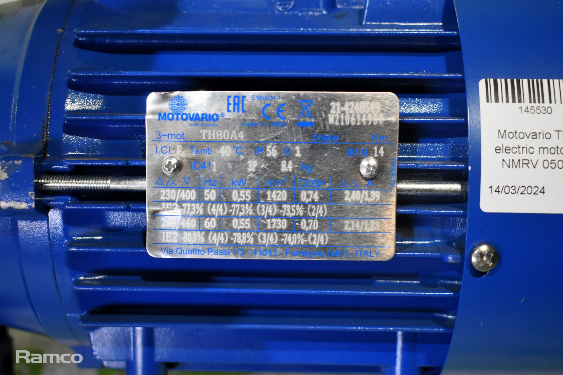 Motovario TH80A4 3 phase electric motor with Motovario NMRV 050 worm gearbox - Image 2 of 5