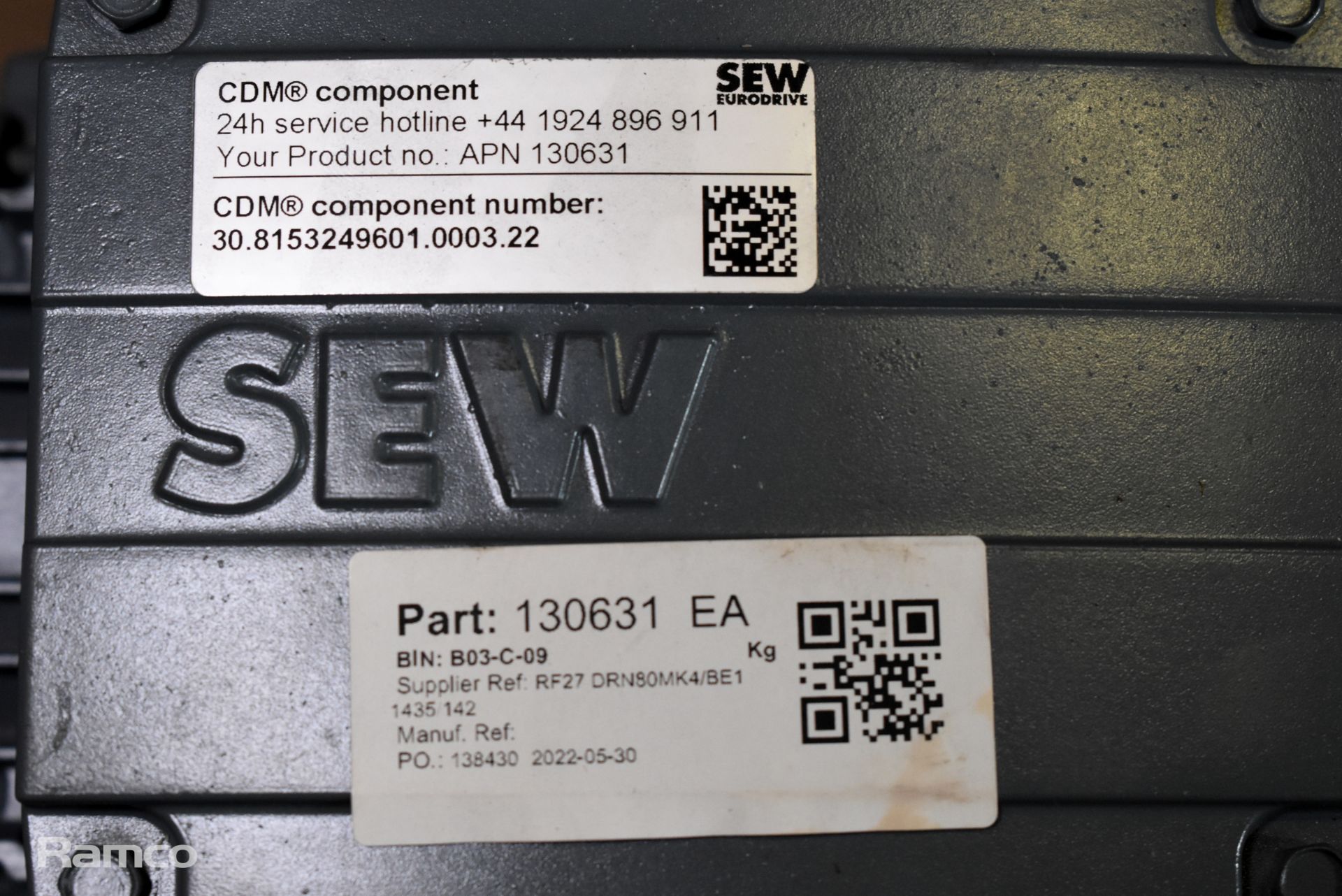 3x SEW-Eurodrive - RF27 DRN80LMK4BE1 electric gear motors - 1435/142rpm, 0.55kW, 230/400V, 2.25/1.29 - Image 4 of 5