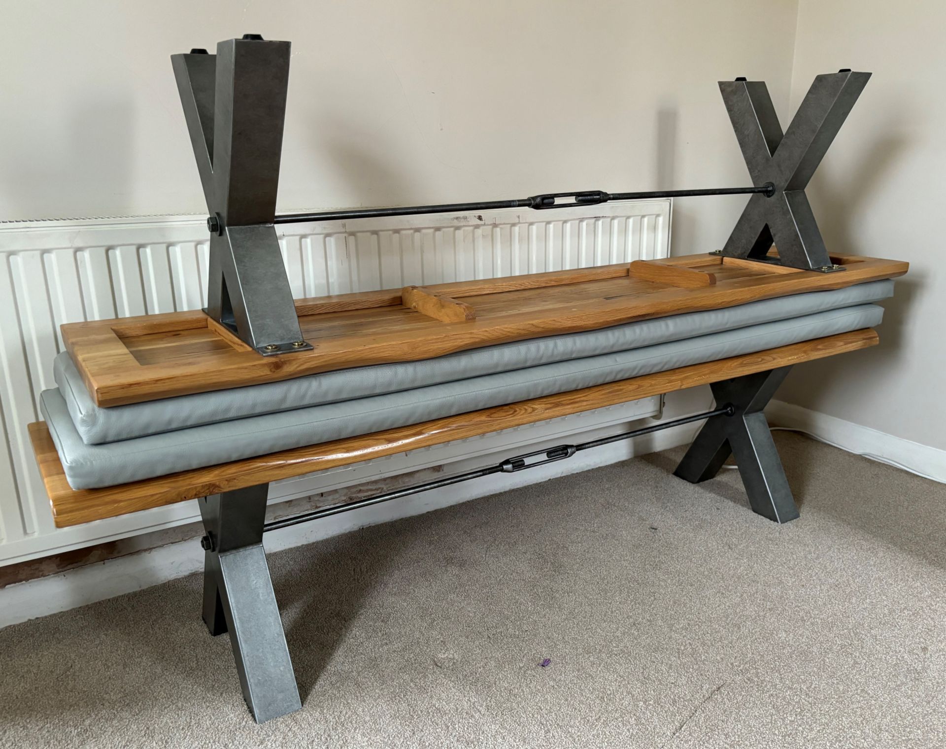 2x Real solid oak dining benches – industrial style with metal legs and 2x bespoke made cushions - Image 6 of 11