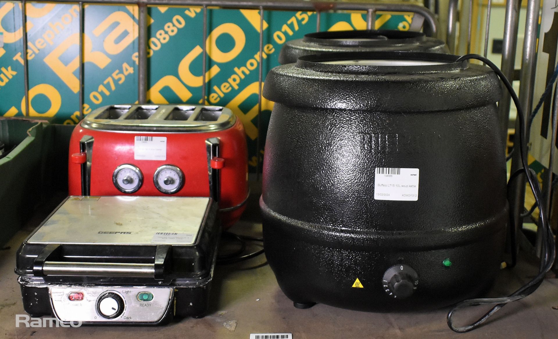 Wilko red 4 slice toaster, 2x Buffalo L715 10L soup kettles, Geepas GWM36503UK 4 slice waffle maker
