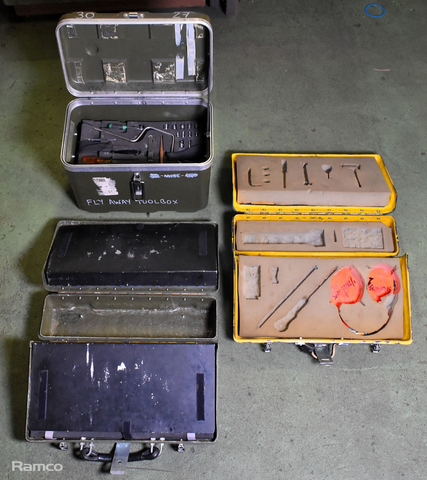 Multiple piece tool kit in foam trays - spanners, screwdrivers, hammers, pliers