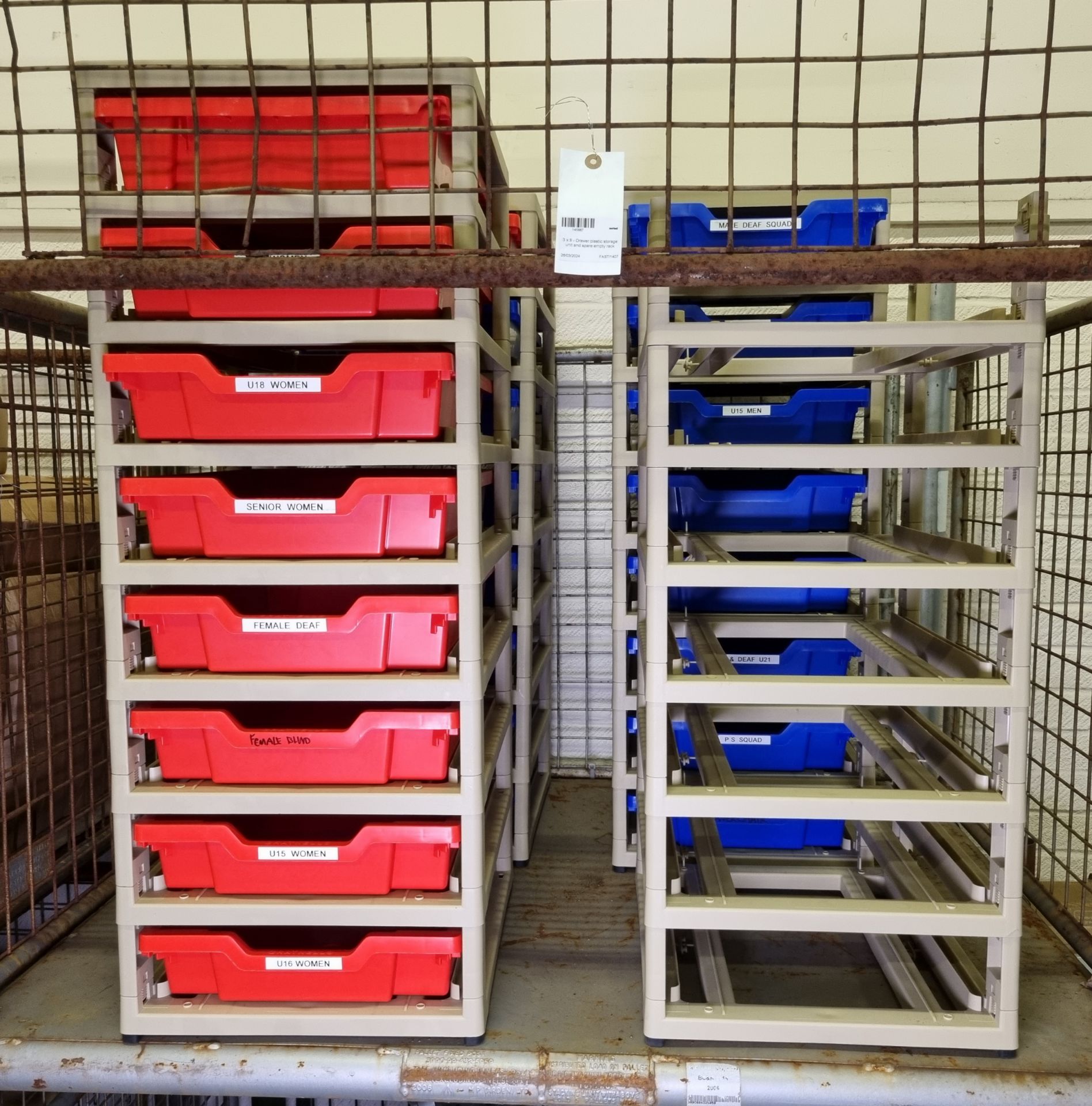 3x 8 drawer plastic storage unit and spare empty rack