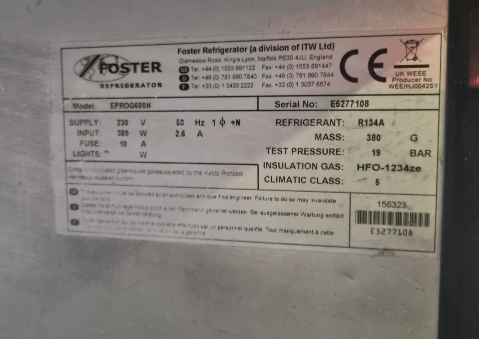 Foster EPROG600H stainless steel single door upright fridge - W 700 x D 820 x H 2050mm - Image 4 of 4