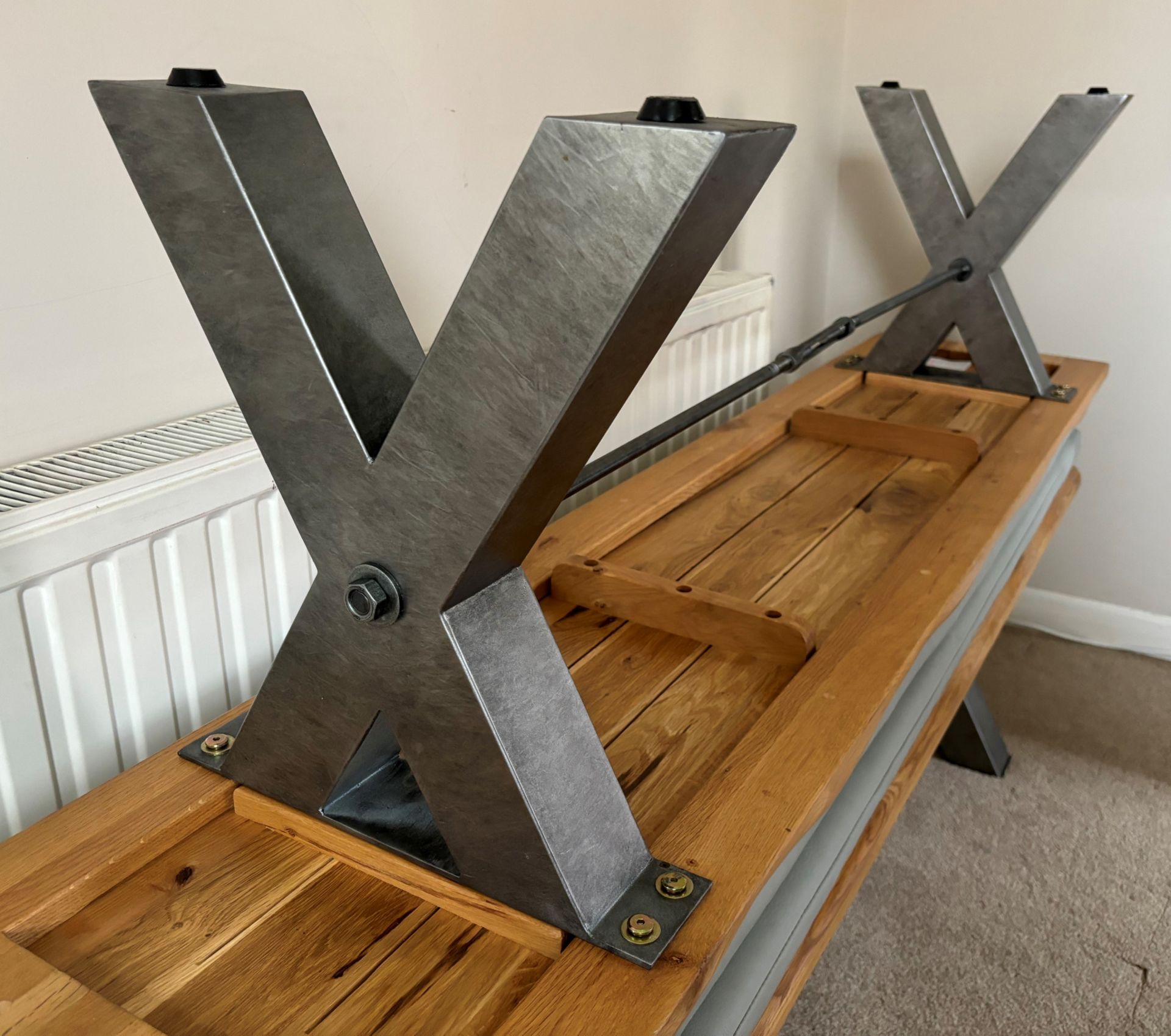 2x Real solid oak dining benches – industrial style with metal legs and 2x bespoke made cushions - Image 7 of 11