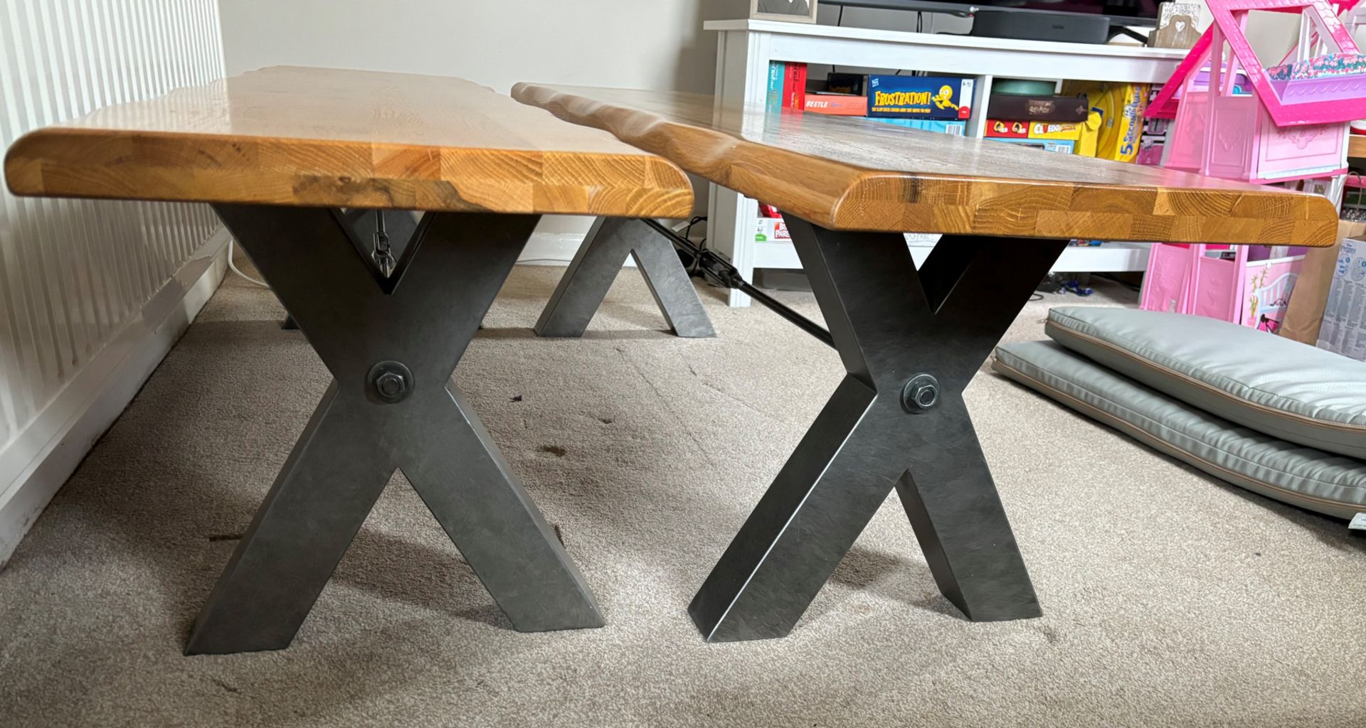 2x Real solid oak dining benches – industrial style with metal legs and 2x bespoke made cushions - Image 3 of 11