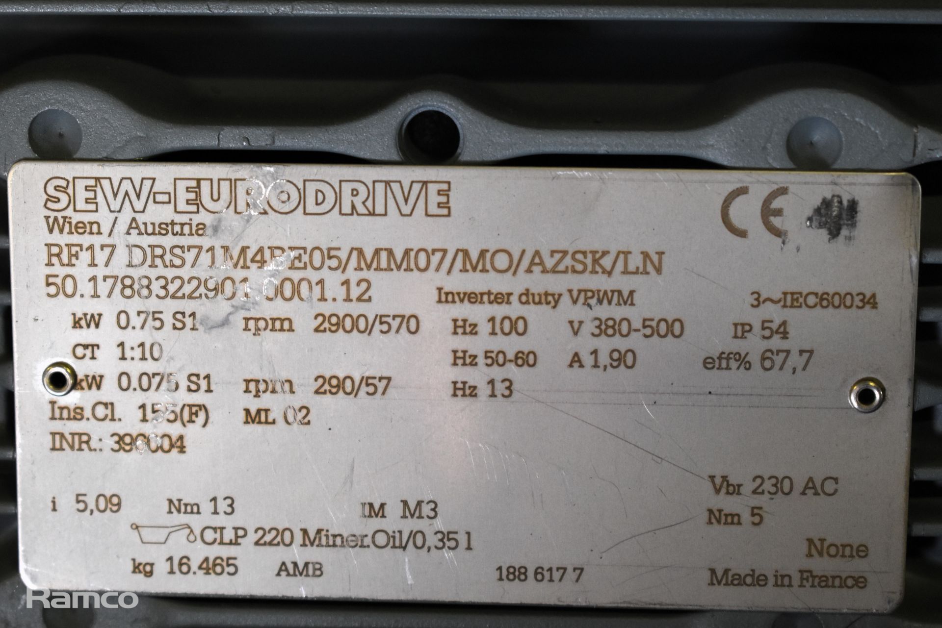 4x SEW-Eurodrive - RF17 DRS71M4BE05/MM07/MO/AZSK/LN electric gear motors - 2900/570rpm, 0.75kW - Image 5 of 6