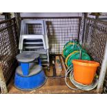 Garden hose reels, hand brush heads, shovel, buckets, safety reach step