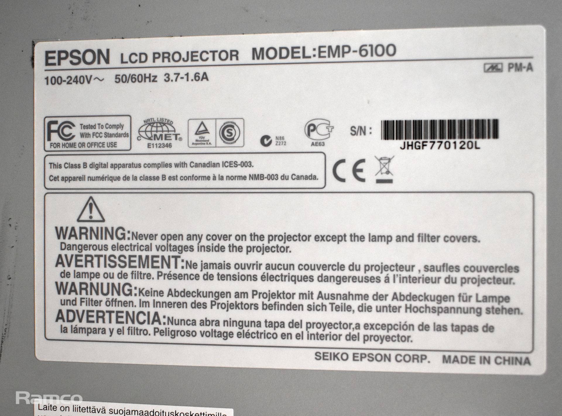 3x Epson EMP-6100 LCD projectors - NO LAMP - Image 16 of 16