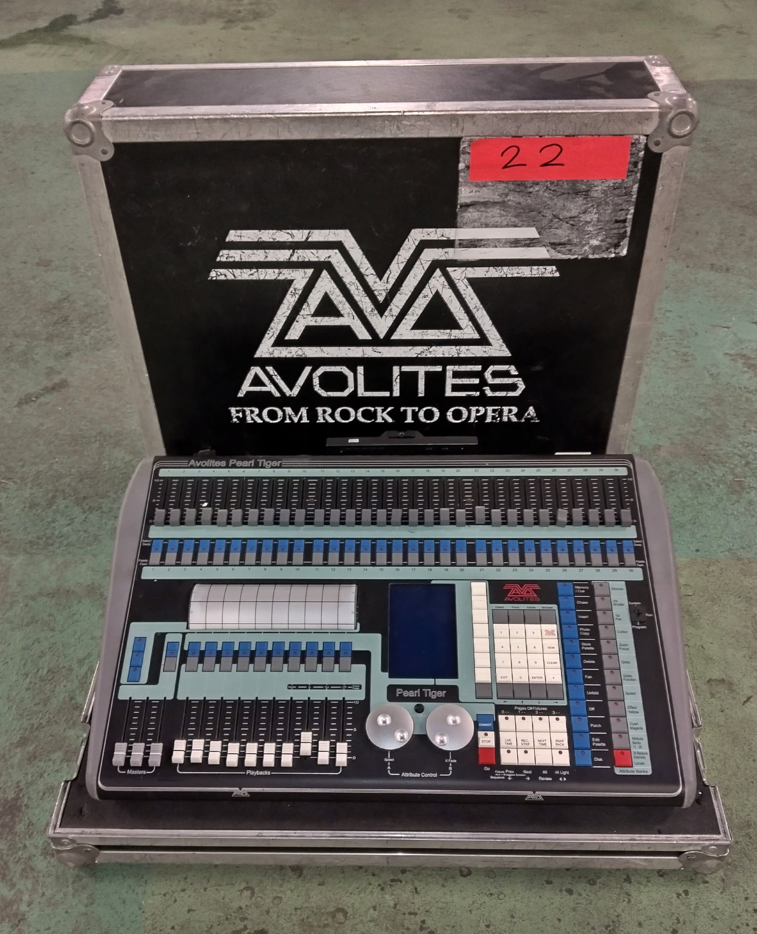Avolites Pearl Tiger lighting console in flight case - case dimensions: L 730 x W 590 x H 260mm