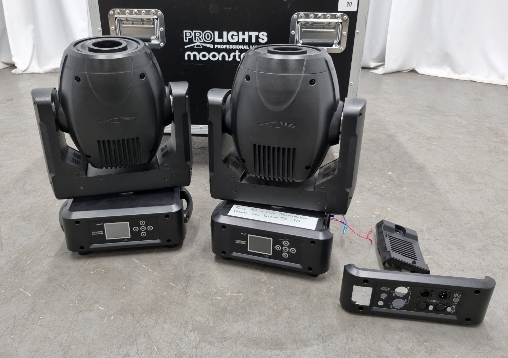 2x Prolights Moonstone LED spot moving head lights with flight case - 1x LIGHT SPARES OR REPAIRS - Image 2 of 14