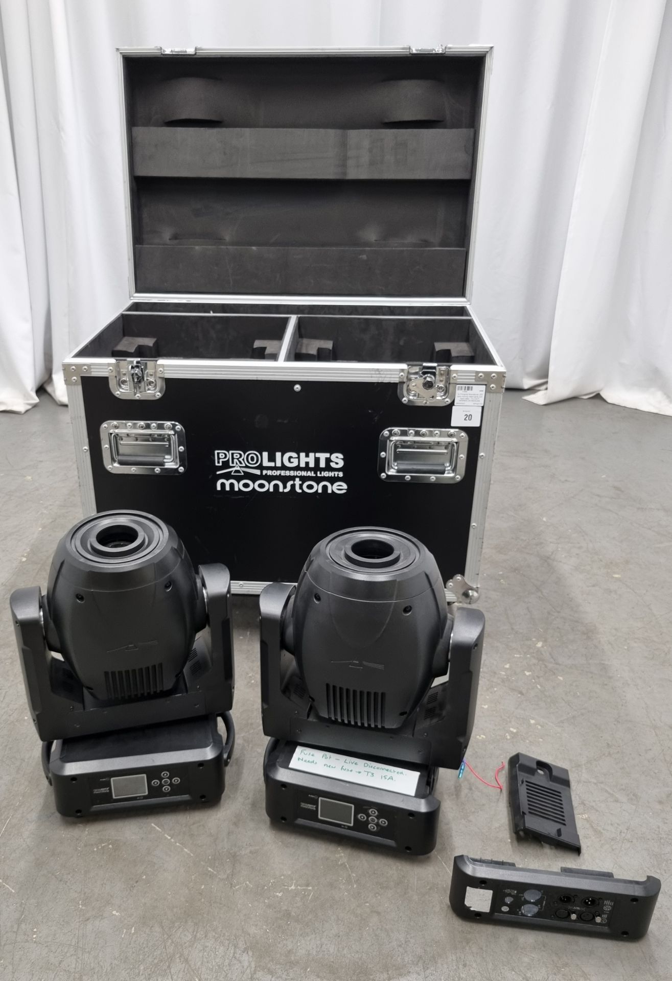 2x Prolights Moonstone LED spot moving head lights with flight case - 1x LIGHT SPARES OR REPAIRS