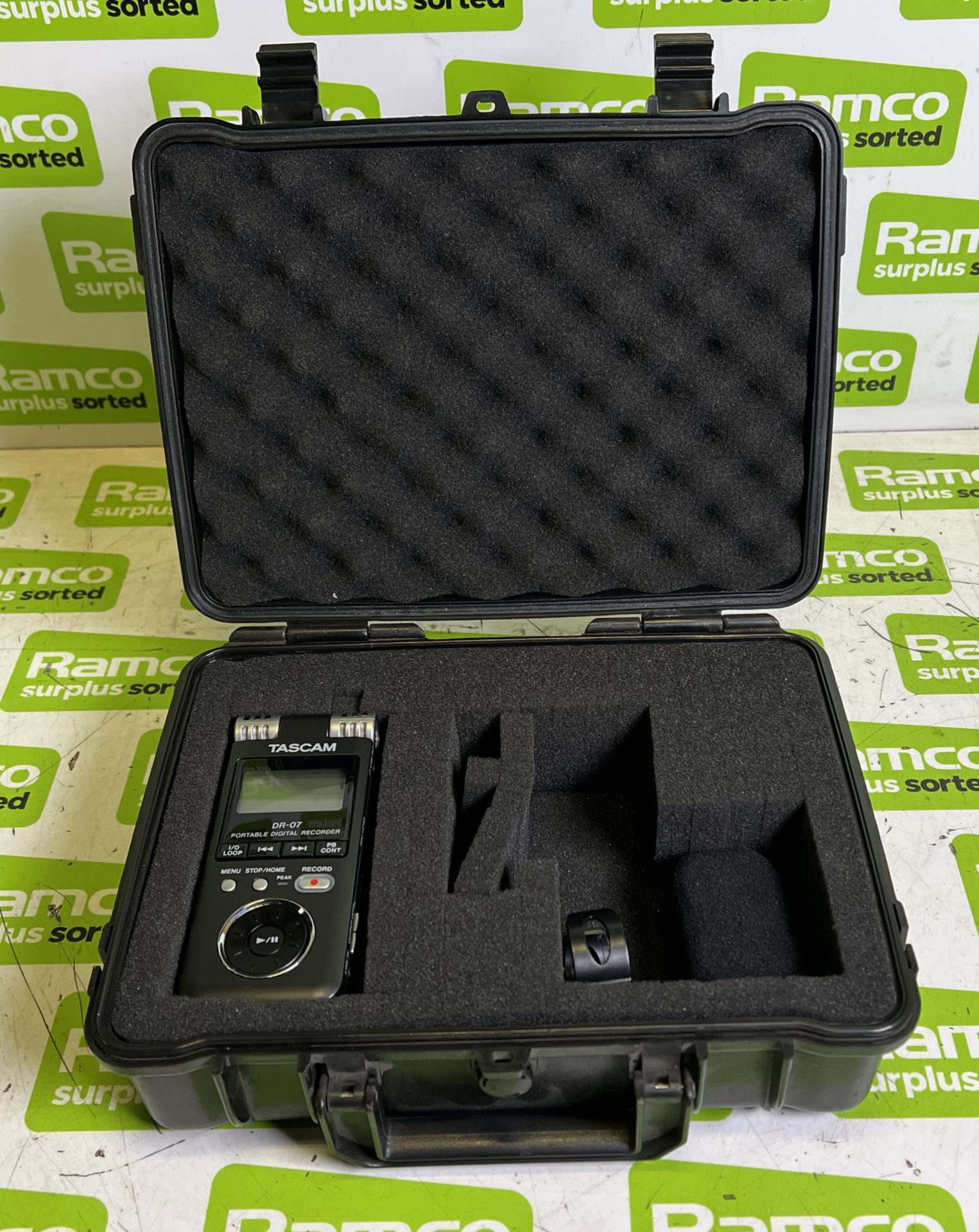 Tascam DR-07 digital audio recorder in case