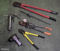Assorted tools - bolt cutters, 1/2 inch impact wrench, die holder & grease gun