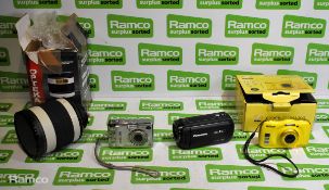 2x Digital cameras, 1x Camcorder, 1x Lens - see description for detail