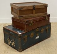An early 20th century cabin trunk (W87cm) together with a leather suitcase, and wooden box (3)