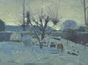 Unknown Artist, Winter tree scene, oil on board, initialled M.W bottom left in a gilt frame. (