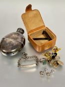 An Edwardian Epns oval engraved hip flask with screw top top and removable base, (L x  12.5 cm), a