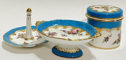 A trio of Sevres style Continental porcelain items comprising a ring holder, a lidded pot (h- 8.5cm)