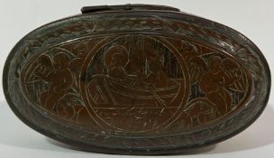 An unusual Dutch bronze/brass tobacco box, circa 1700, decorated with religious iconography and Dutc