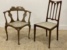An Edwardian inlaid mahogany corner chair (H77cm) together with another Edwardian inlaid mahogany