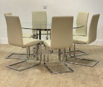 A modern  five piece dining room suite comprising, a circular glass topped dining table on square