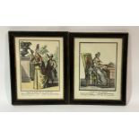 A pair of 17thc French coloured framed prints, one titled Aminte in his office, the other of a