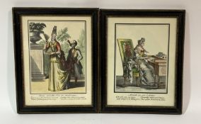 A pair of 17thc French coloured framed prints, one titled Aminte in his office, the other of a