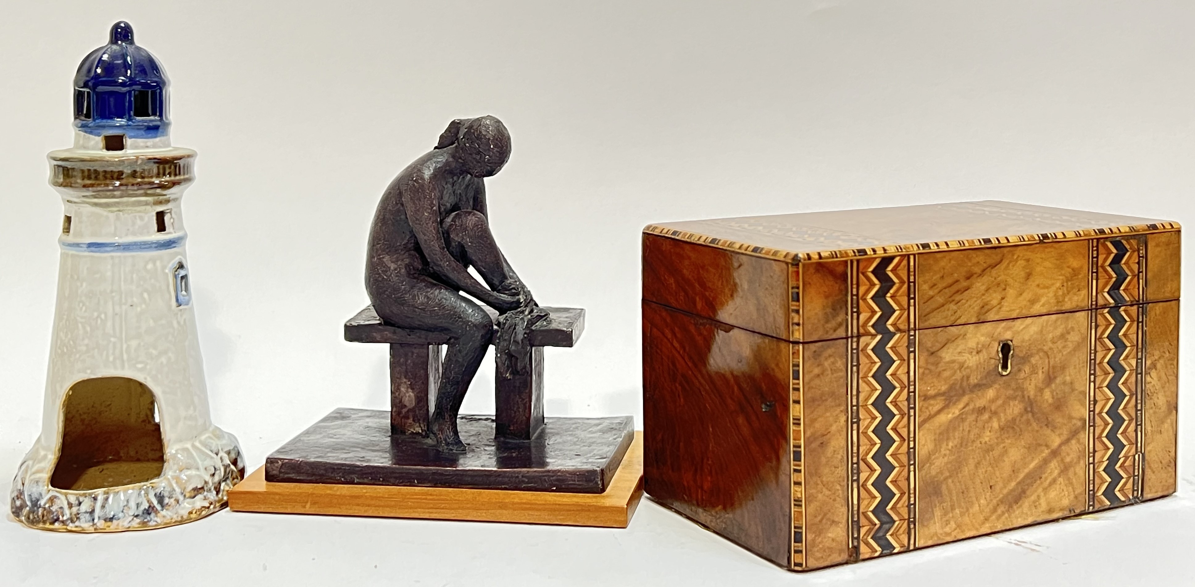 A mixed lot comprising a marquetry/Tunbridge ware inlaid walnut tea caddy opening to a twin compartm