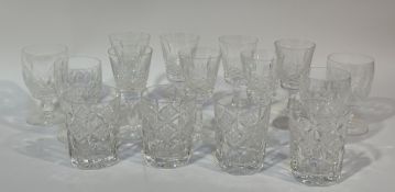 A collection of glassware comprising four thumb cut rummers (h-13.5cm), four tumblers (h-11cm) and