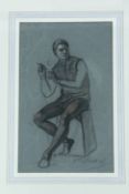 Signed indistinctly, study of seated sculptural, pencil on coloured paper, signed bottom right, in a