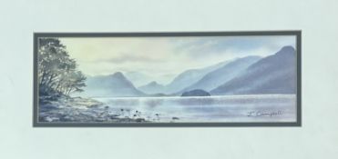 John Campbell, Derwentwater, watercolour, signed bottom right in a wooden frame. (11cmx34cm)