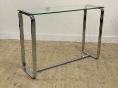 A modern console table with rectangular top on curved chrome supports. H86cm, W120cm, D39cm.