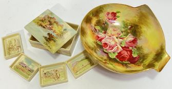 A Royal Doulton 'Richmond Castle' trinket box containing four pin trays all decorated with rural sce