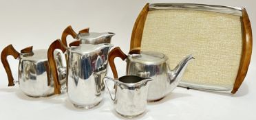 A group of aluminium and sycamore Picquot ware items comprising a tray (w- 37cm), two teapots, two c