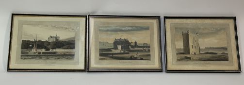 A framed group of three coloured bookplates by William Daniel (1769-1837) titled, Ackergill Tower,