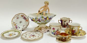 A group of Continental porcelain comprising a large comport/bonbon dish modelled as a shell encruste
