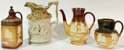 A group of salt glazed stoneware comprising a Royal Doulton jug/pitcher glazed in green with sprigge