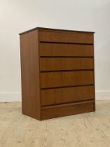 A mid century teak veneered chest of five graduated drawers H92cm, W77cm, D46cm.