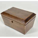 A 19thc mahogany and box wood strung tea caddy of tapered rectangular form with hinged top and plain