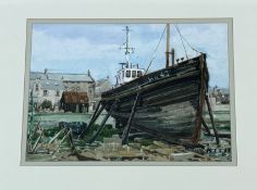 Richard Easson, Laid-Up Burghead, watercolour, signed bottom right, framed. (25cmx35cm)