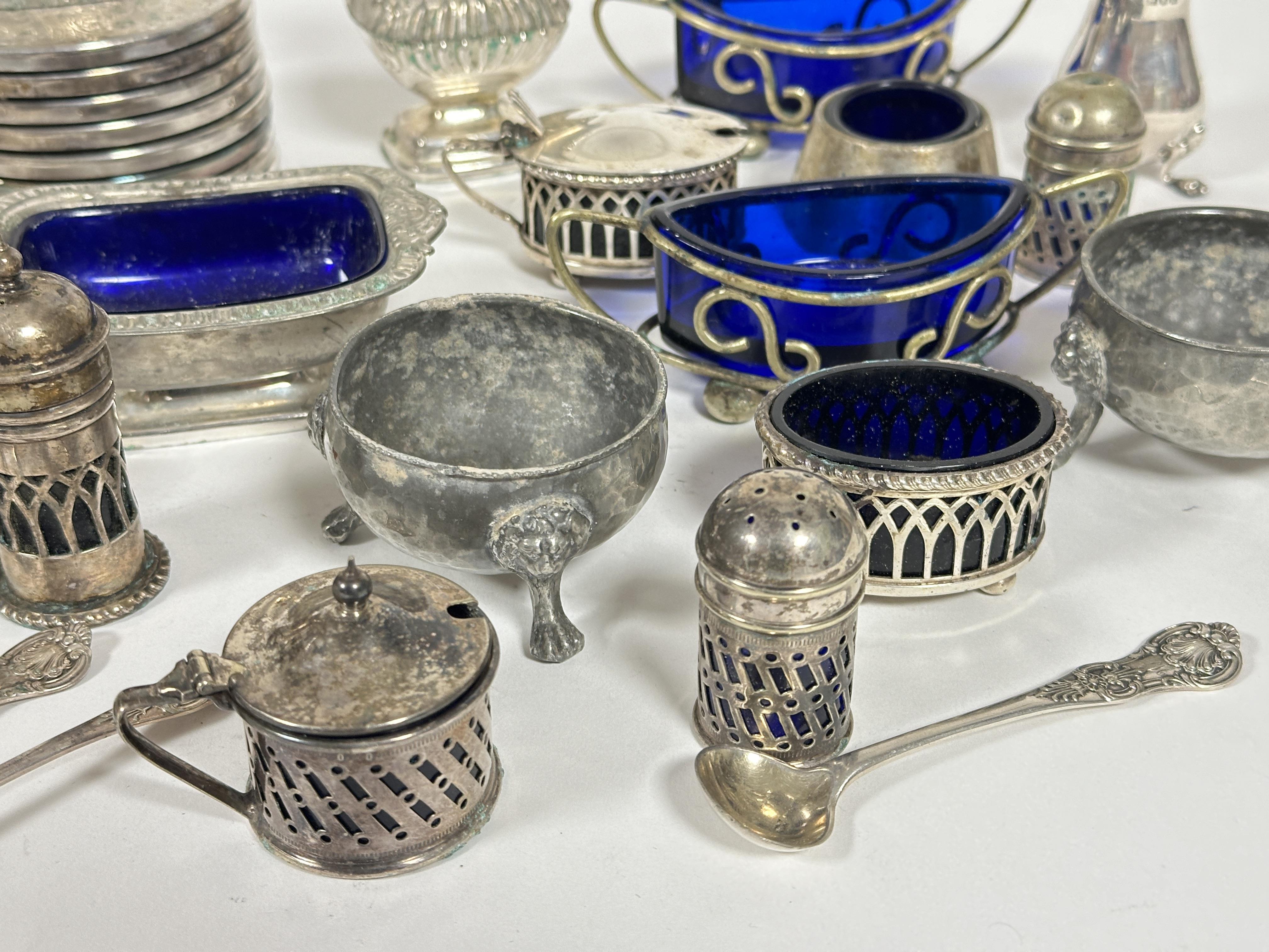 A collection of condiments including a London silver pepperette on paw feet, three Epns - Image 3 of 3